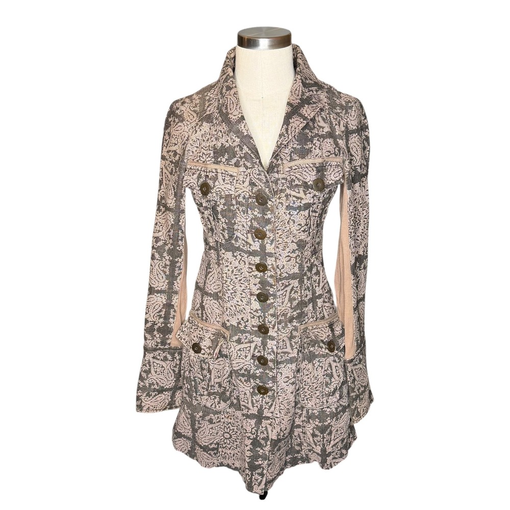 FREE PEOPLE Paisley Longline Utility Jacket Grey Tan Boho Women's Size 0 FLAWED